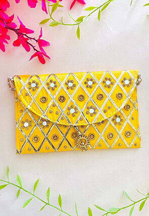 Embroidered Art Silk Clutch Bag in Yellow