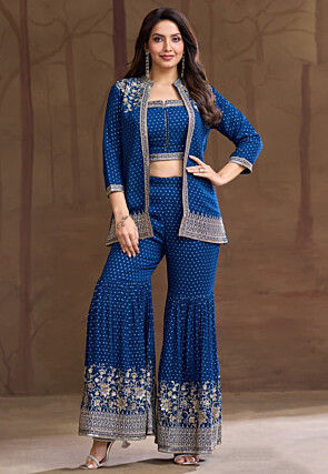 Embroidered Art Silk Co Ord Set in Blue