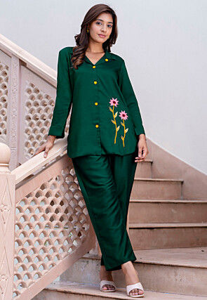 Embroidered Art Silk Co Ord Set in Green