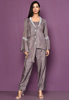Embroidered Art Silk Co Ord Set in Grey