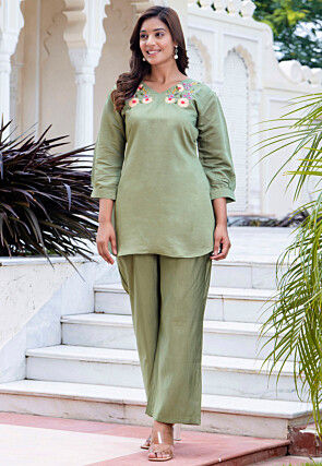 Embroidered Art Silk Co Ord Set in Light Green