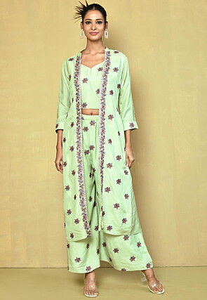 Embroidered Art Silk Co Ord Set in Light Green