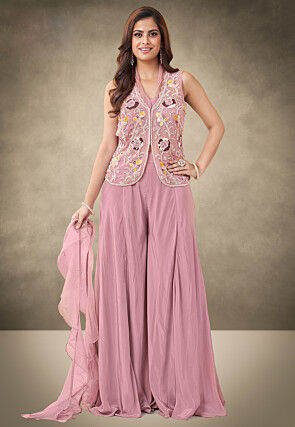 Embroidered Faux Georgette Co Ord Set in Old Rose