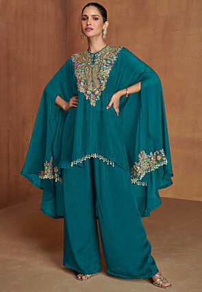 Embroidered Art Silk Co Ord Set in Teal Blue