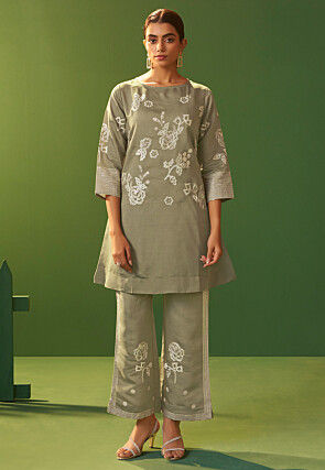 Embroidered Art Silk Co Ord Set Set in Grey