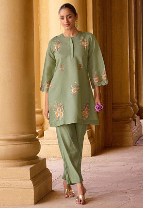 Embroidered Art Silk Co Ord Set Set in Light Green