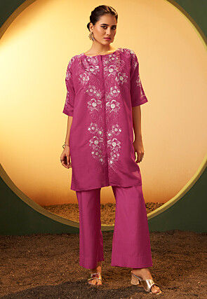 Embroidered Art Silk Co Ord Set Set in Pink