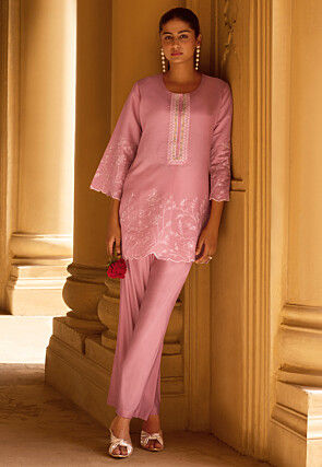 Embroidered Art Silk Co Ord Set Set in Pink