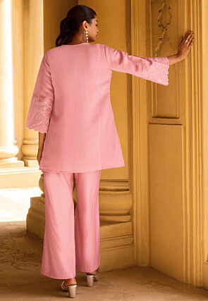 Embroidered Art Silk Co Ord Set Set in Pink