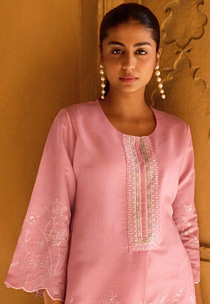 Embroidered Art Silk Co Ord Set Set in Pink