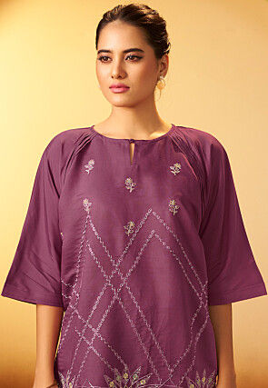 Embroidered Art Silk Co Ord Set Set in Purple