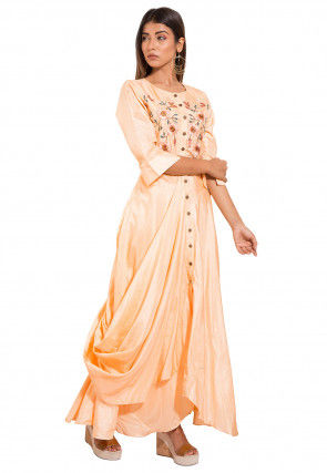 Embroidered Art silk Cowl Style Gown in Light Peach
