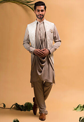 embroidered art silk cowl style kurta set in light fawn v1
