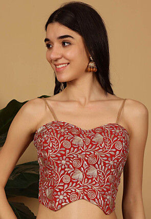 Embroidered Art Silk Crop Top in Red