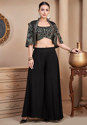 Embroidered Art Silk Crop Top Set in Black