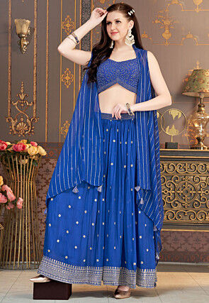 Embroidered Art Silk Crop Top Set in Blue