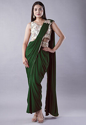Embroidered Art Silk Crop Top Set in Dark Green