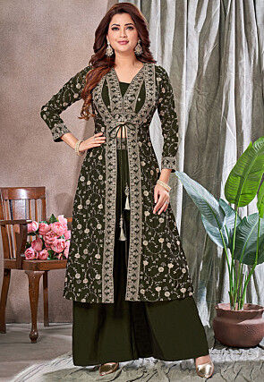 Embroidered Art Silk Crop Top Set in Dark Olive Green