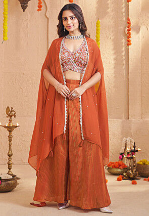 Embroidered Art Silk Crop Top Set in Dark Orange