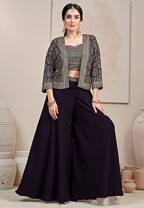 Embroidered Art Silk Crop Top Set in Dark Purple