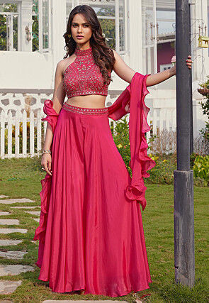 Embroidered Art Silk Crop Top Set in Fuchsia