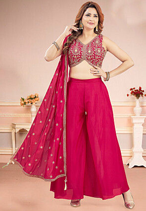 Embroidered Art Silk Crop Top Set in Fuchsia