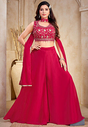 Embroidered Art Silk Crop Top Set in Fuchsia