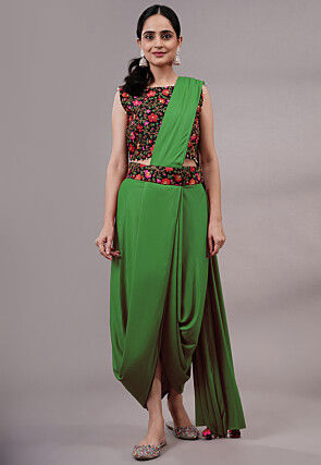Embroidered Art Silk Crop top Set in Green