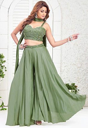 Embroidered Art Silk Crop Top Set in Green