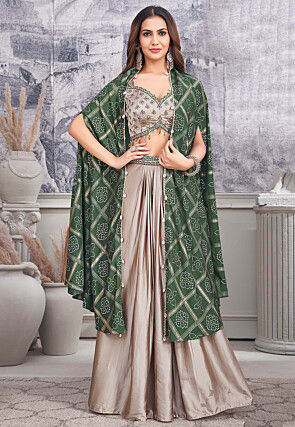 Embroidered Art Silk Crop Top Set in Light Fawn