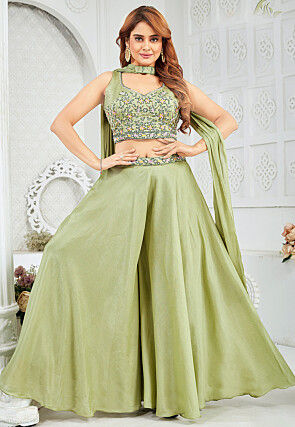 Embroidered Art Silk Crop Top Set in Light Green
