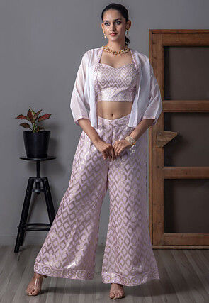Embroidered Art Silk Crop Top Set in Light Purple