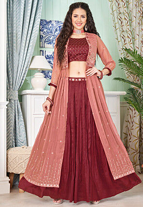 Embroidered Art Silk Crop Top Set in Maroon