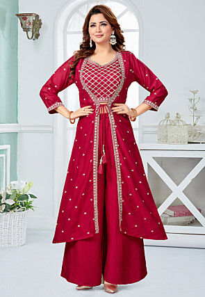 Embroidered Art Silk Crop Top Set in Maroon