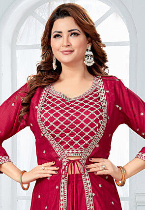 Embroidered Art Silk Crop Top Set in Maroon