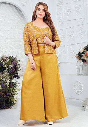 Embroidered Art Silk Crop Top Set in Mustard