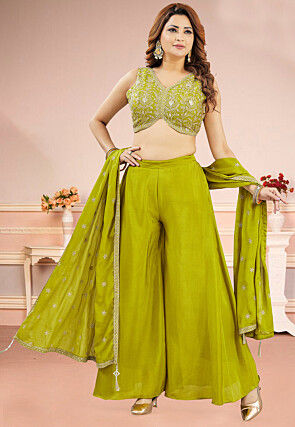 Embroidered Art Silk Crop Top Set in Olive Green