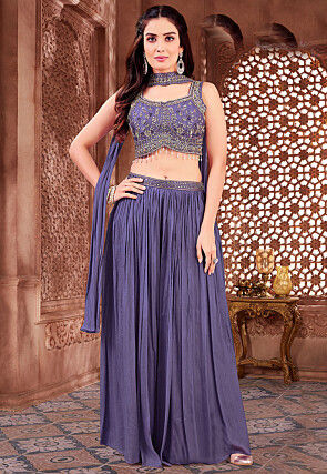 Embroidered Art Silk Crop Top Set in Purple