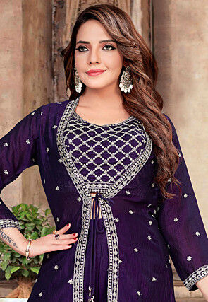 Embroidered Art Silk Crop Top Set in Purple