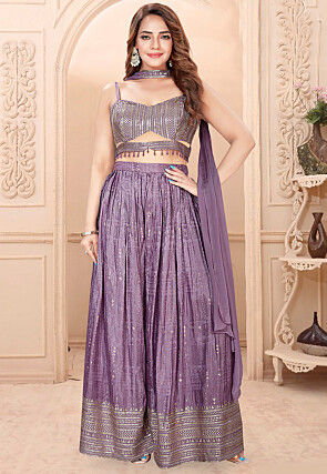 Embroidered Art Silk Crop Top Set in Purple