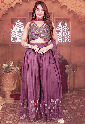Embroidered Art Silk Crop Top Set in Purple