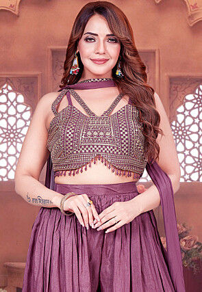 Embroidered Art Silk Crop Top Set in Purple