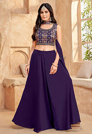 Embroidered Art Silk Crop Top Set in Purple