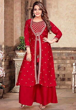 Embroidered Art Silk Crop Top Set in Red
