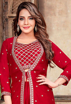 Embroidered Art Silk Crop Top Set in Red