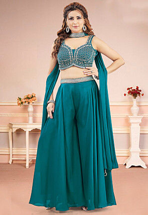 Embroidered Art Silk Crop Top Set in Teal Blue
