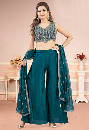 Embroidered Art Silk Crop Top Set in Teal Blue
