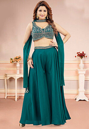 Embroidered Art Silk Crop Top Set in Teal Green