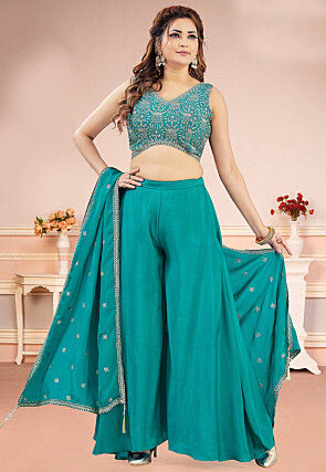Embroidered Art Silk Crop Top Set in Turquoise