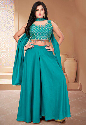 Embroidered Art Silk Crop Top Set in Turquoise